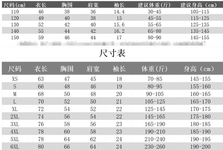 衣服尺寸表参考